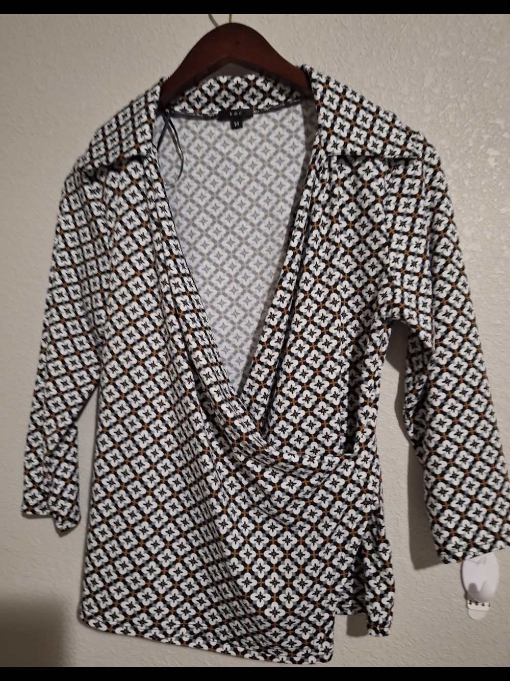 Geometric Wrap-Front Blouse in Black, White & Brown